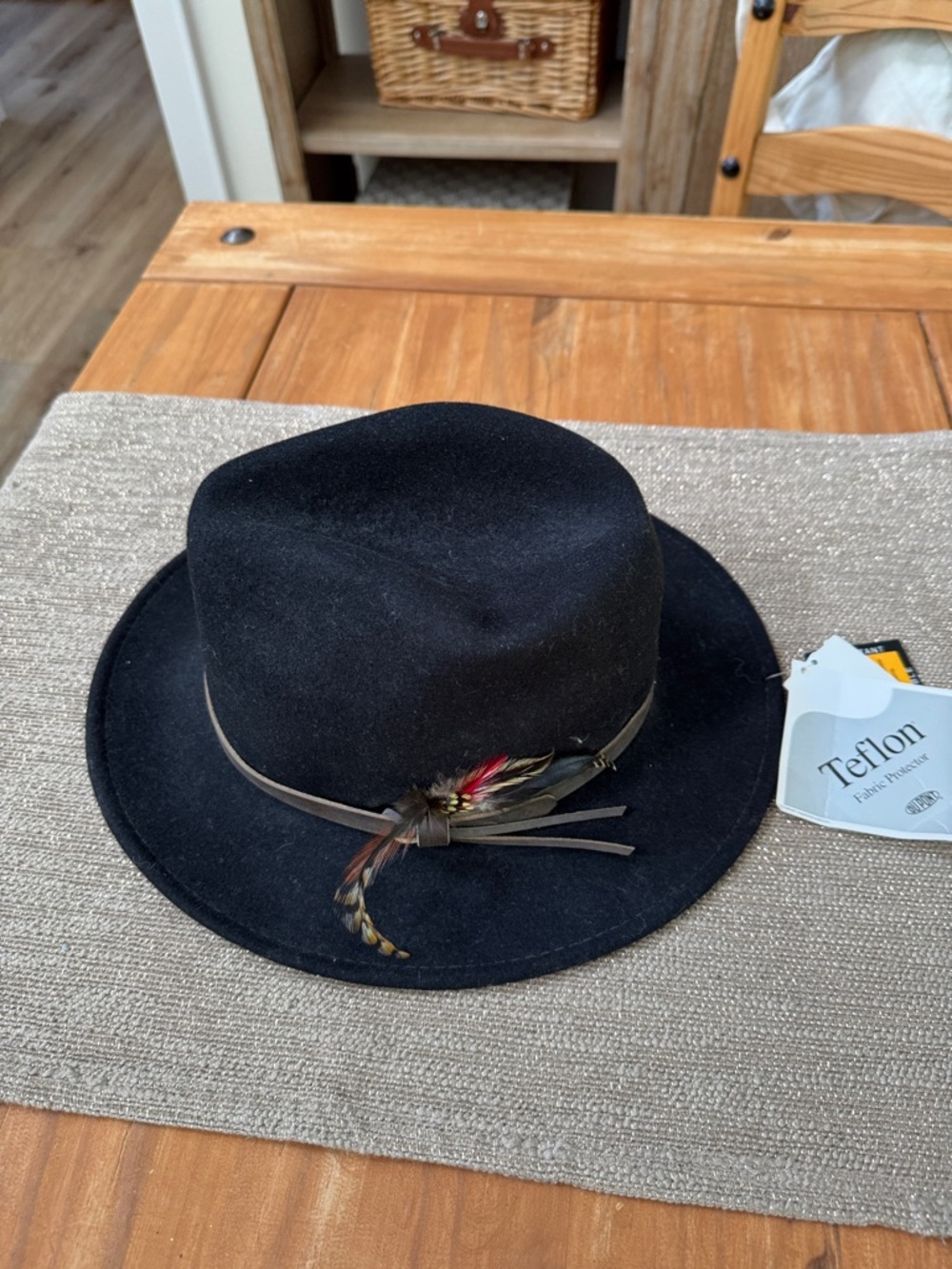 Black Wool Felt Fedora Hat with Feather Trim - Finish